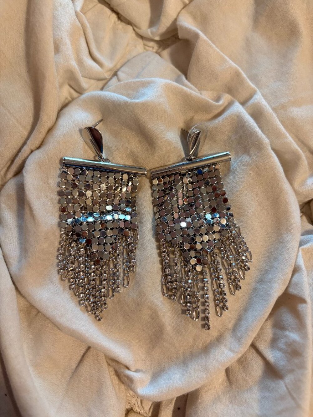 Free People Y2K Disco Metal Mesh Rhinestone Fringe Statement Earrings